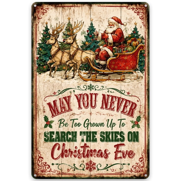 Vintage Santa Christmas Iron Wall Decor Sign, 8x12 Inch Rustic Holiday Metal Plaque with Reindeer Sleigh, Festive Indoor Outdoor Winter Decoration, Easy to Hang, Weather Resistant
