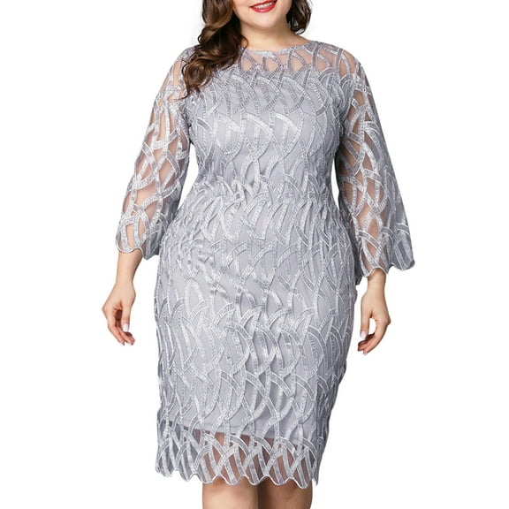 SpringTTC Women's Ladies Plus Size Elegant Round Neck Dress Party Prom Cocktail Dress