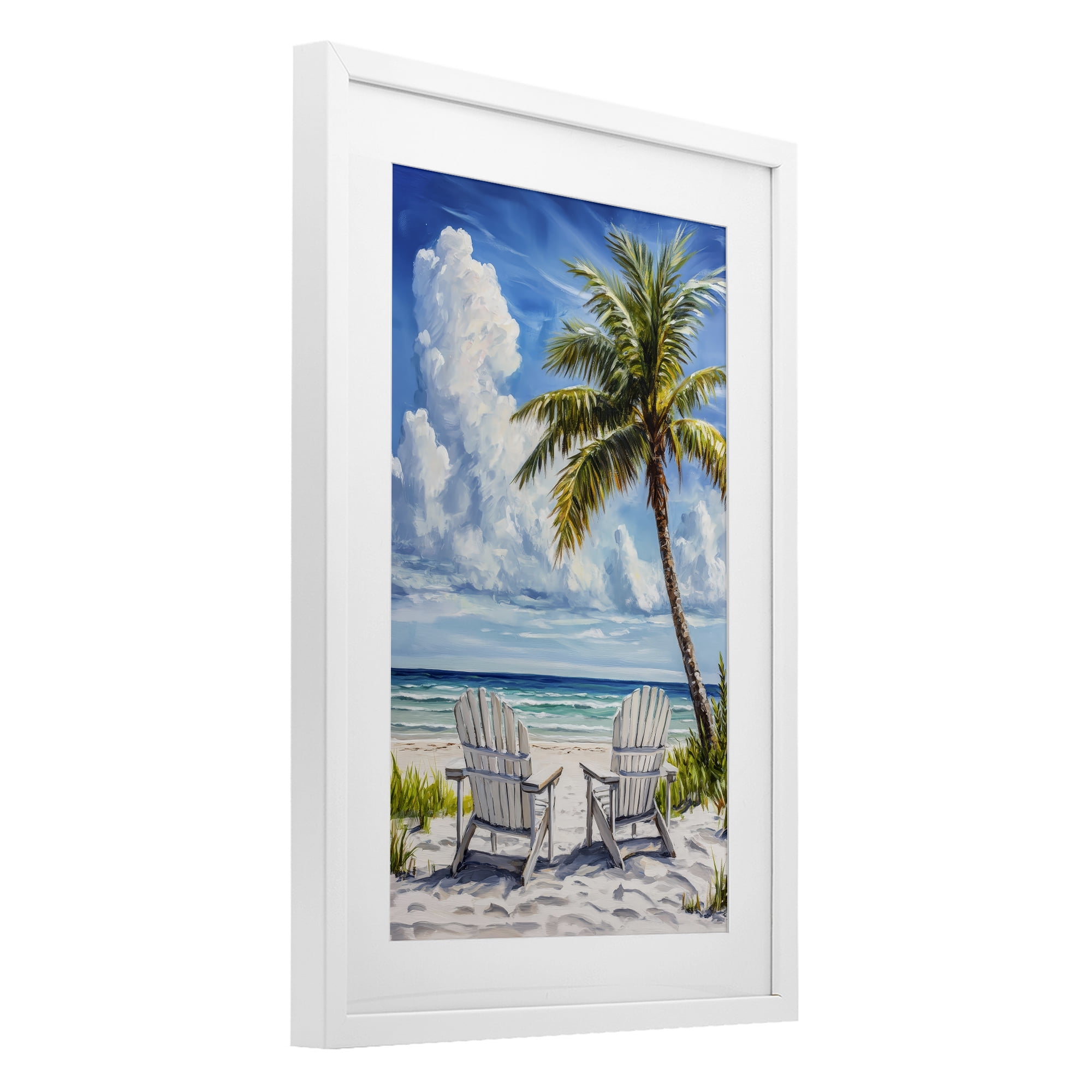 Stupell Industries Clouded Beach with Looming Palm White Framed Print Under Glass, design by Petal Prints Design