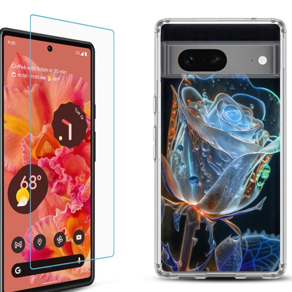 OneToughShield ® for Google Pixel 7a Shockproof Bumper Phone Case, with Tempered Glass Screen Protector - Glowing Rose