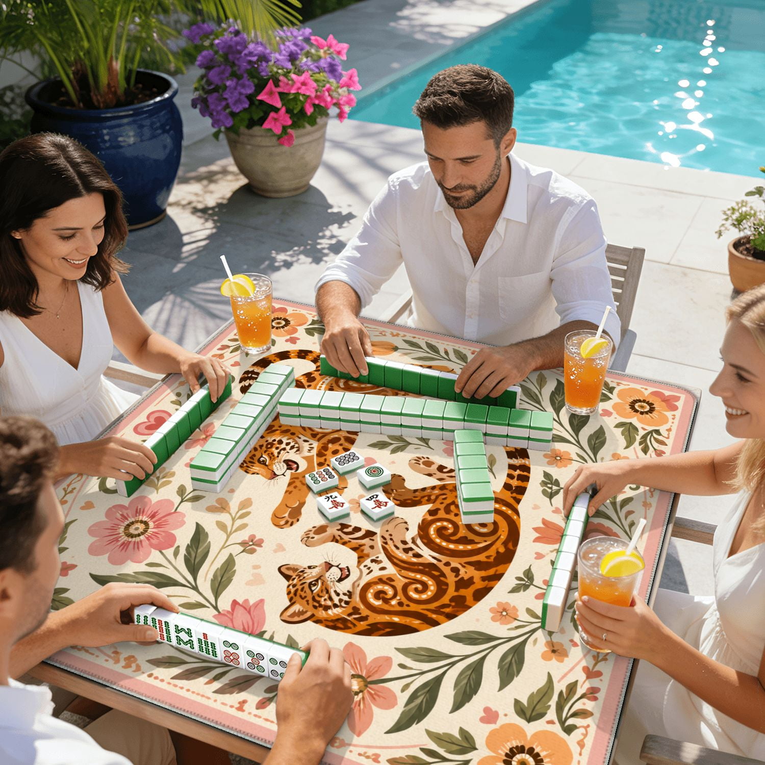 Mahjong Mat 31.5" x 31.5" Playful Jaguars Floral Swirls Heart Details Soft Pastel Colors Non-Slip Noise Reduction American Mahjong Tiles Table Cover for Dominoes Poker Card Board Games Gift