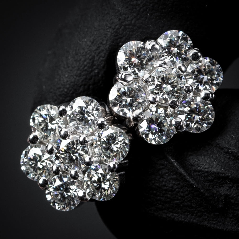 Large Flower Cluster White Gold Plated 925 Sterling Silver Screw Back Post Hip Hop Round Shape Iced 5A CZ Circle Earrings