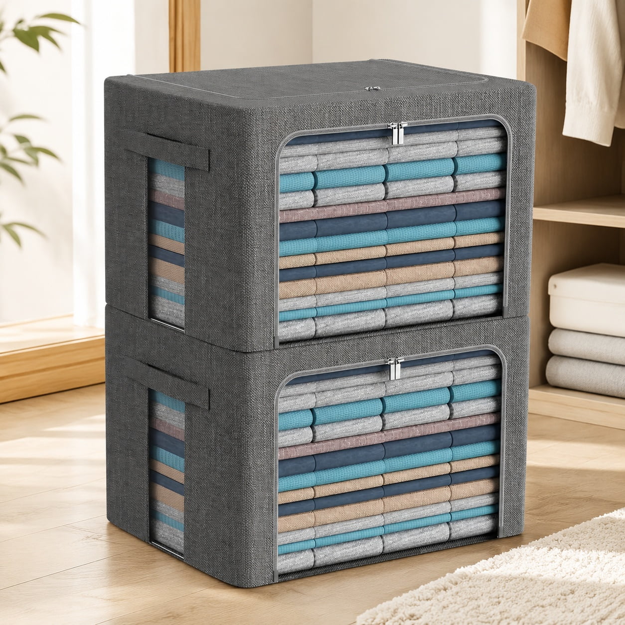 Clothes Storage Bins Box - Linen Fabric Foldable Stackable Organizer Set with Clear Window Carry Handles & Metal Frame - 2 Pack Large for Bedding Blankets Books