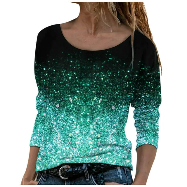 Women's Round Neck Long Sleeve Tops T Shirts Gradient Color Recreational Regular Fit Fall Casual Basic Tops (Small, Green 01)