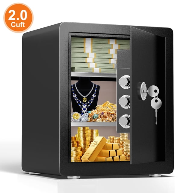 kavey 2.0 Cub Safe Box with Key Lock, Steel Security Lock Box with Solid Bolts & 2 Adjustables Shelves, Large Money Safe with Ammo Storage for Home Vaulables