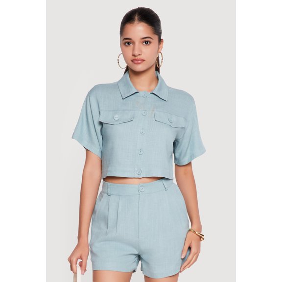 Women's Linen Button Front Cropped Shirt