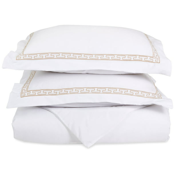 Solid Geometric Embroidered Trim, White Duvet Cover Set With Black Trim