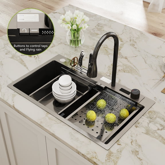 lemontalking 30" × 18" Black Kitchen Sink, Flystream Waterfall Faucet, Stainless Steel, Single Bowl Undermount Top Mount Honeycomb Nano Coated Kitchen Sink with Pull-Out Faucet Console