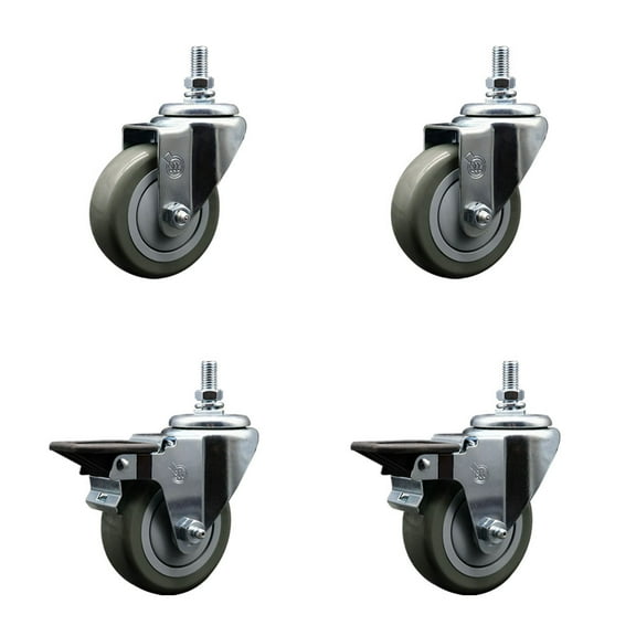 3.5 Inch Gray Polyurethane 10MM Threaded Stem Caster Set 2 Brakes SCC