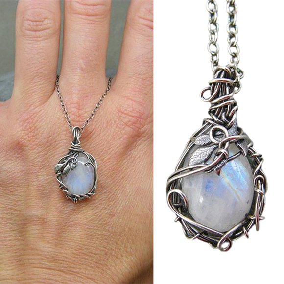 Adjustable Extension Chain Women Necklace Lightweight Retro Faux Moonstone Leaf Pendant Necklace Jewelry Accessories