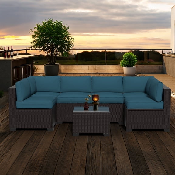 7 Piece Outdoor Patio Furniture Set,All-Weather Rattan Wicker Modular Sectional Sofa,Water-Resistant Cushions&Glass Table,Patio Conversation Set for Backyard,Deck,Poolside (Prussian Blue, 7pcs)