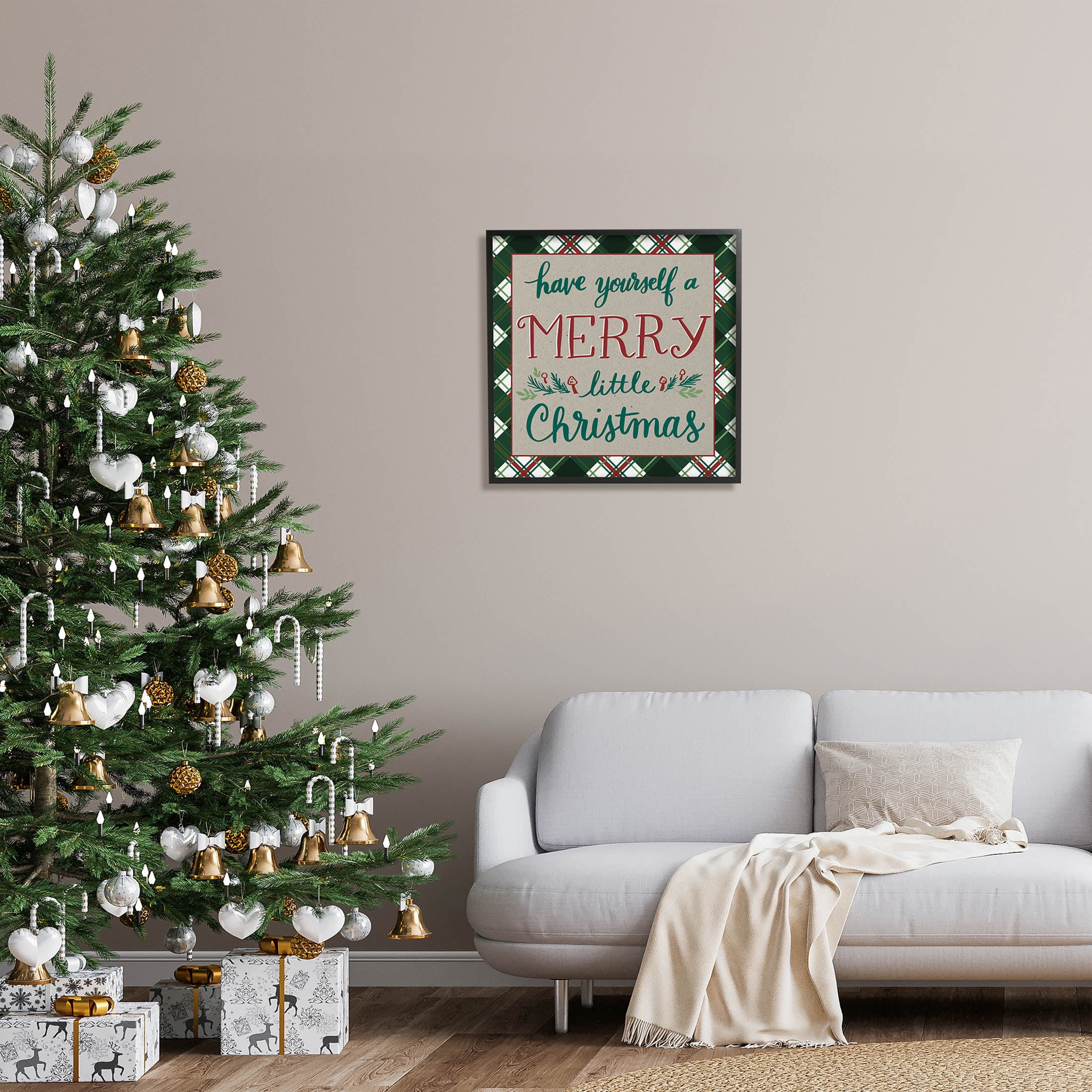 Merry Little Christmas Plaid Holiday Holiday Graphic Art Black Framed Art Print Wall Art