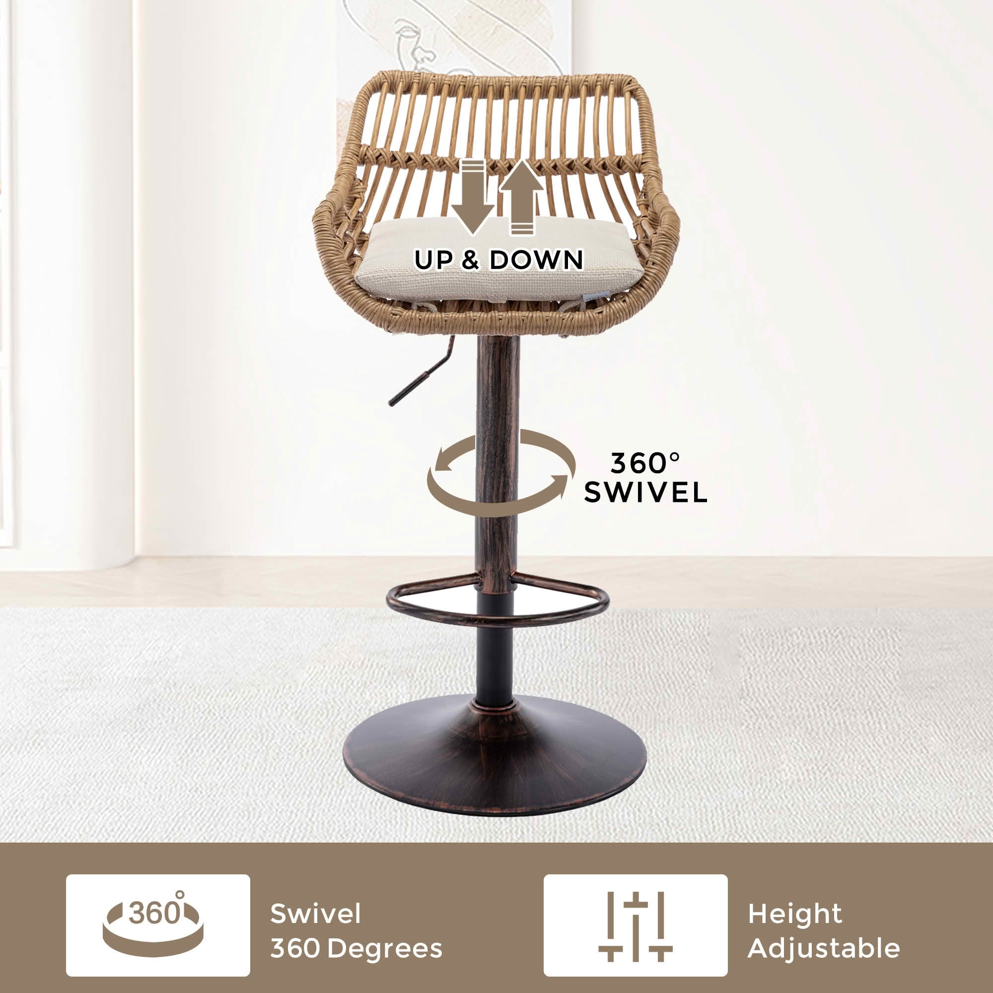 MAYEERTY Swivel Bar Stools Set of 2, Adjustable Height Chairs with Footrest, Linen and PE Rattan Back, Beige