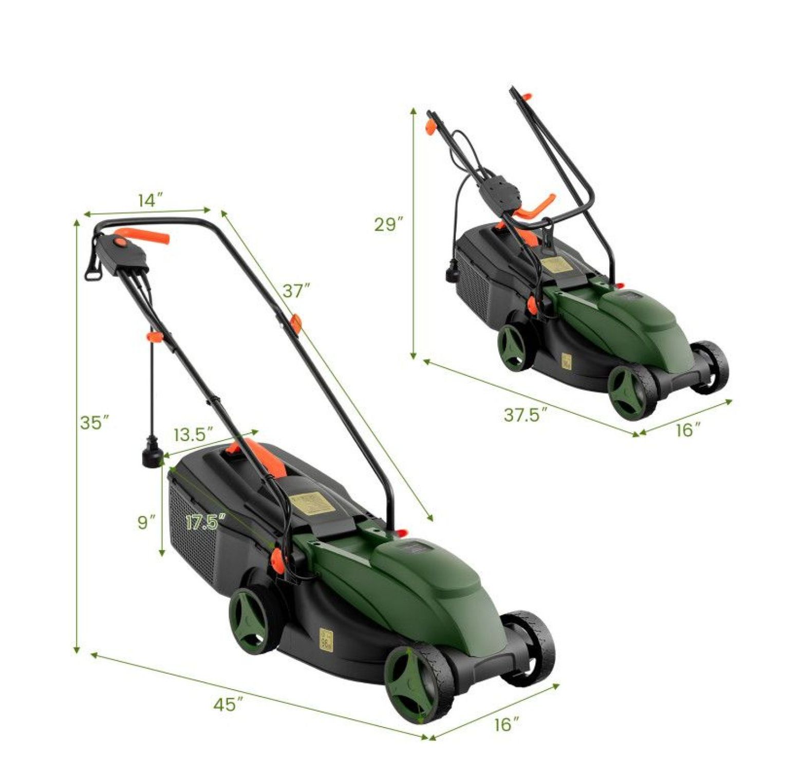 Electric Lawn Mower 13.5 Inch, 15A Corded Mower with 9 Gal Collection Box, 3-Position Height Adjustment, Foldable Handle, Lightweight Lawn Mower