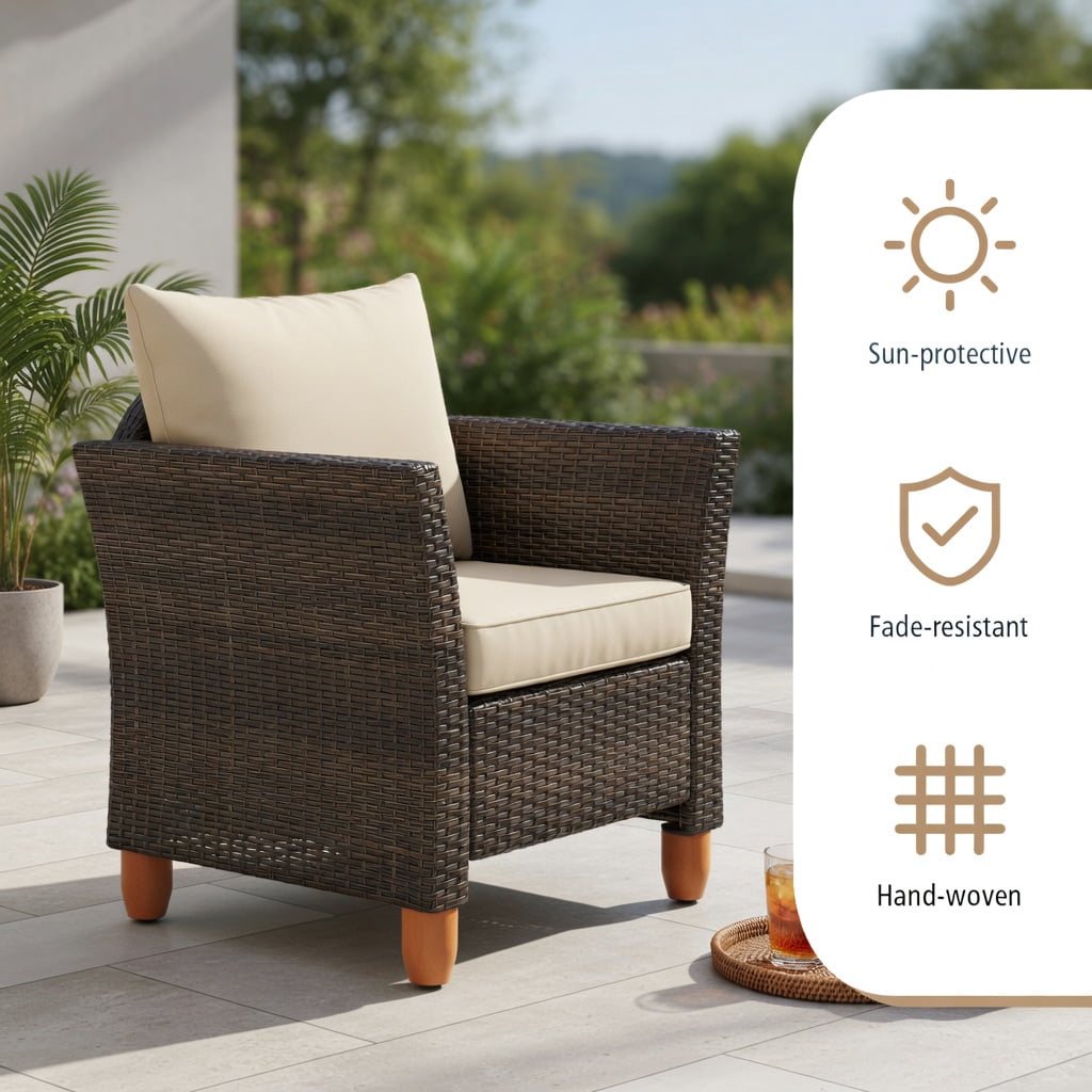 Hommoo 3-Piece Outdoor Rattan Bistro Set with Acacia Wood Table, Steel Frame, Weather-Resistant PE Wicker for Patio, Backyard & Poolside, Brown