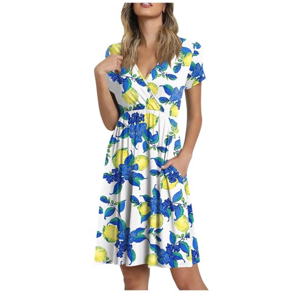 2022 Summer Casual Dress for Womens Short Sleeve Wrap V Neck Tunic Dresses Loose Comfy Beach Sundress with Pockets