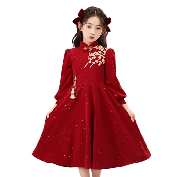 EnJoCho Girls Chinese New Year Dress Sequin 𝖥loral Embroidered Chinese Traditional Elegant Trendy A Line Outfits Cheongsam Qipao Gown Traditional Chinese Dress 𝖥loral