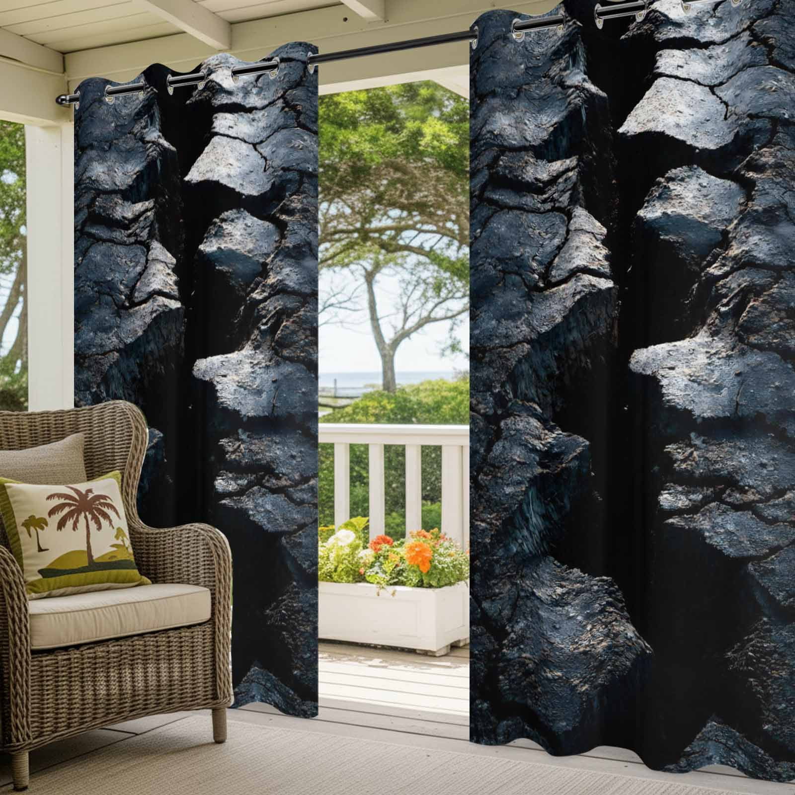 Abstract Crack Outdoor Curtains for Patio, Black Gray Cracked Earth Texture Earthly Fissure Sunshade Privacy Drapes Grommet Waterproof Outside Curtains for Porch/Cabana/Balcony 54"x 108", 1 Panel