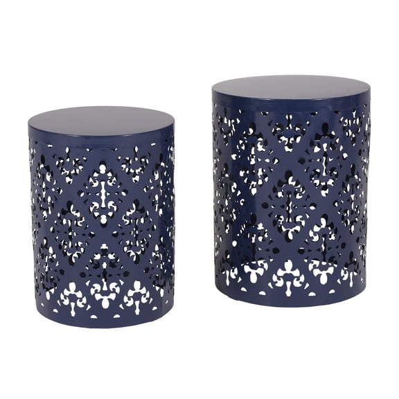 Benjara Kemo Outdoor End Table Set of 2- Round Top- Cutout Design- Navy Blue