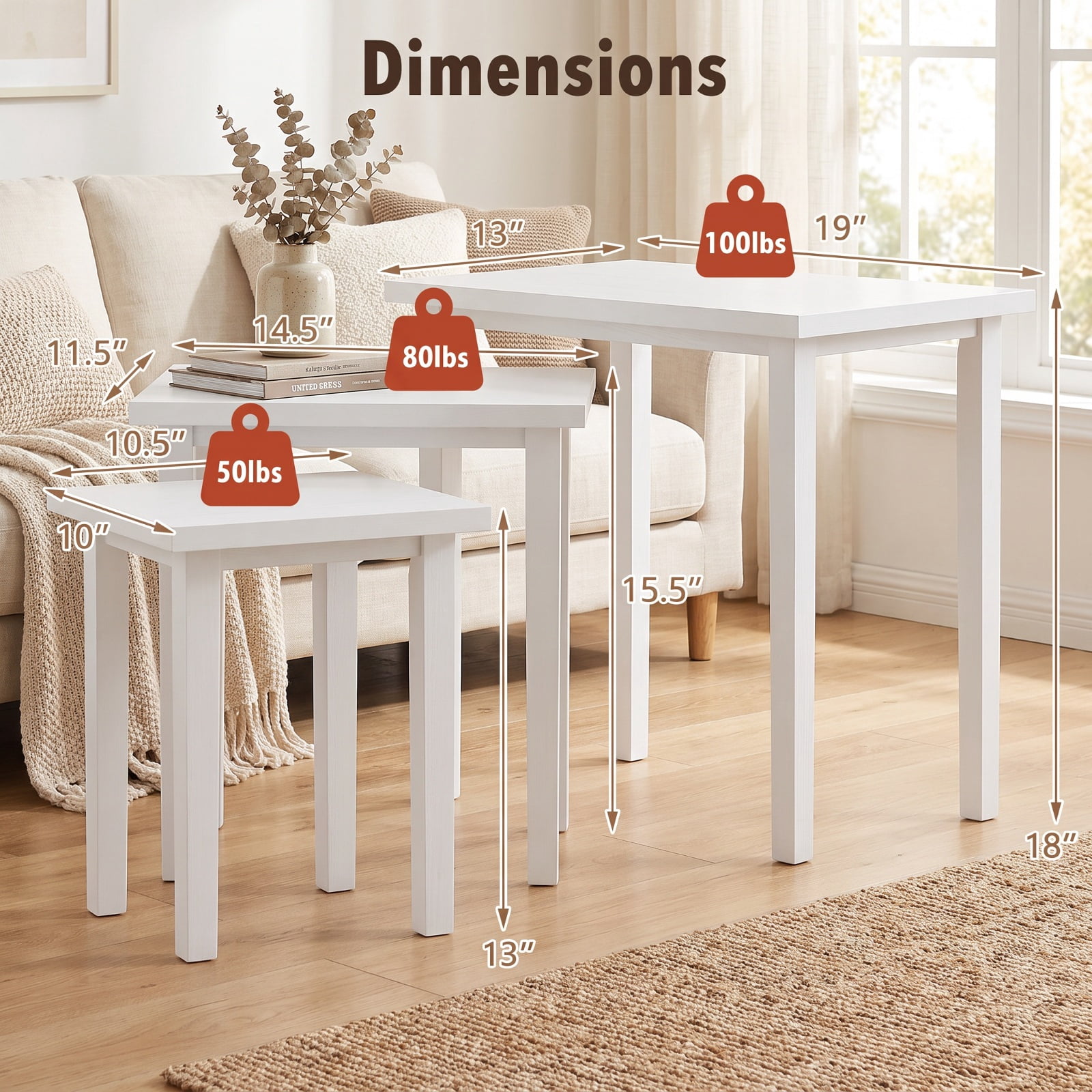 Furnibear 3 Piece Farmhouse Nesting Side Table Set with Rubber Wood Legs and Stackable Rectangle Tops for Living Room and Bedroom, White
