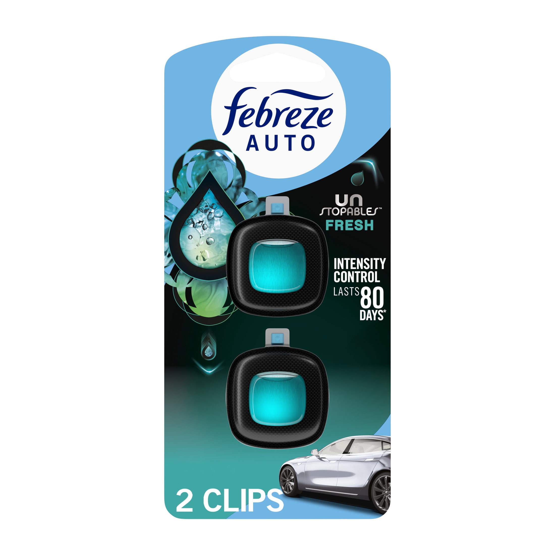 (2 pack) Febreze AUTO Car Air Freshener, Odor-Fighting Car Vent Clip, Unstopables Fresh, 2 Count