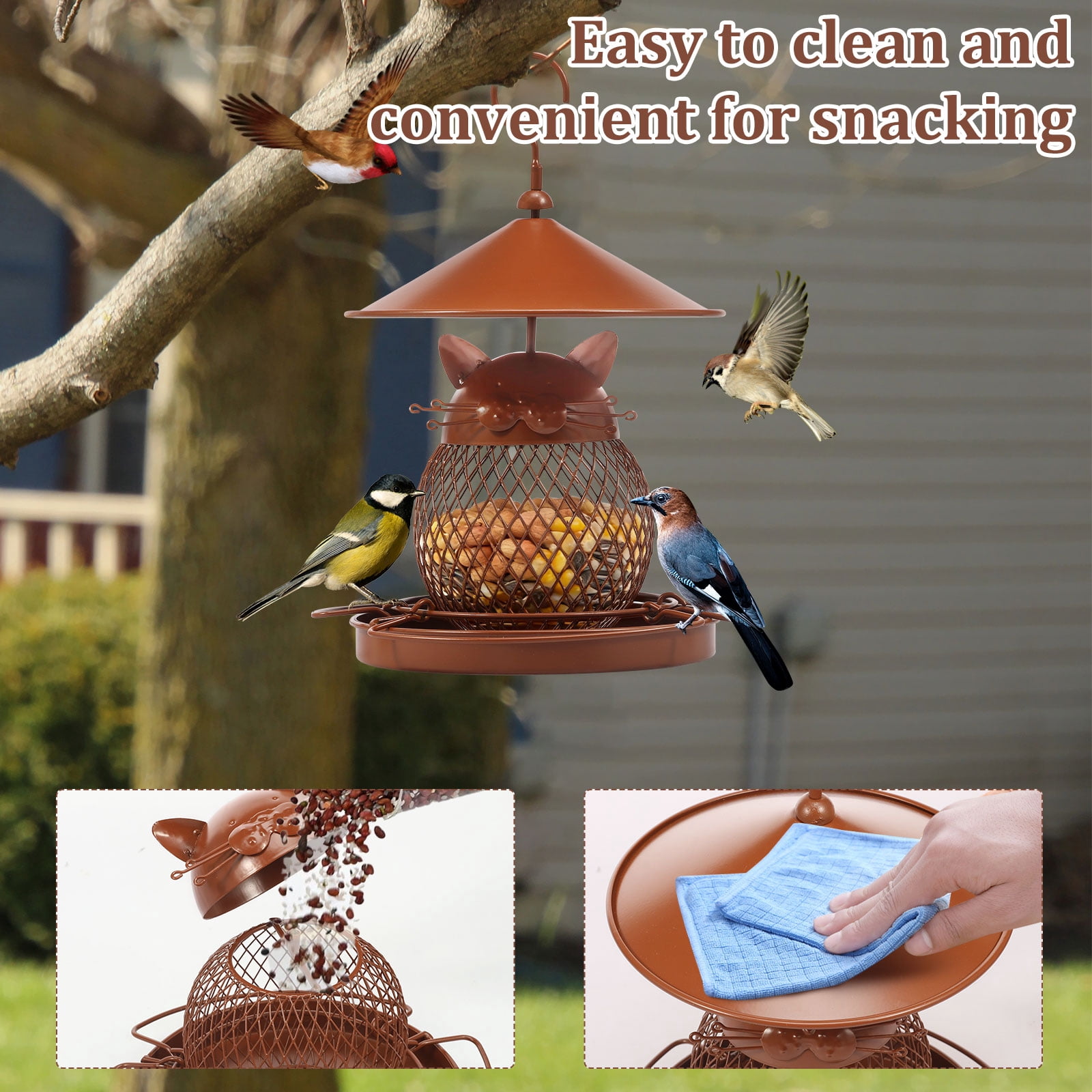 Austok Bird Feeder for Outdoor Squirrel Proof Metal Wild Bird Feeder Decoration for Hanging Outside Garden Yard Cute Cat Shaped