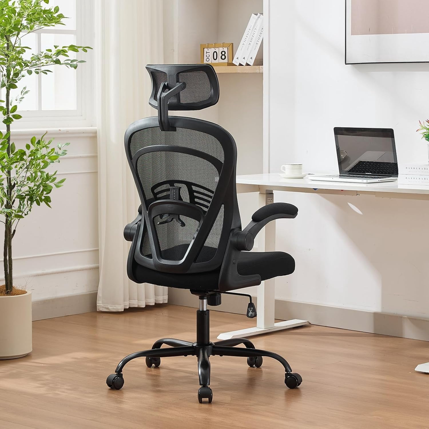 Ergonomic Office Chair, Computer Desk Chair Comfy with Flip-Up Armrests, High Back Mesh Desk Chair with Wheels,Comfortable Armchair for Home Office, Bedroom, Study,Black