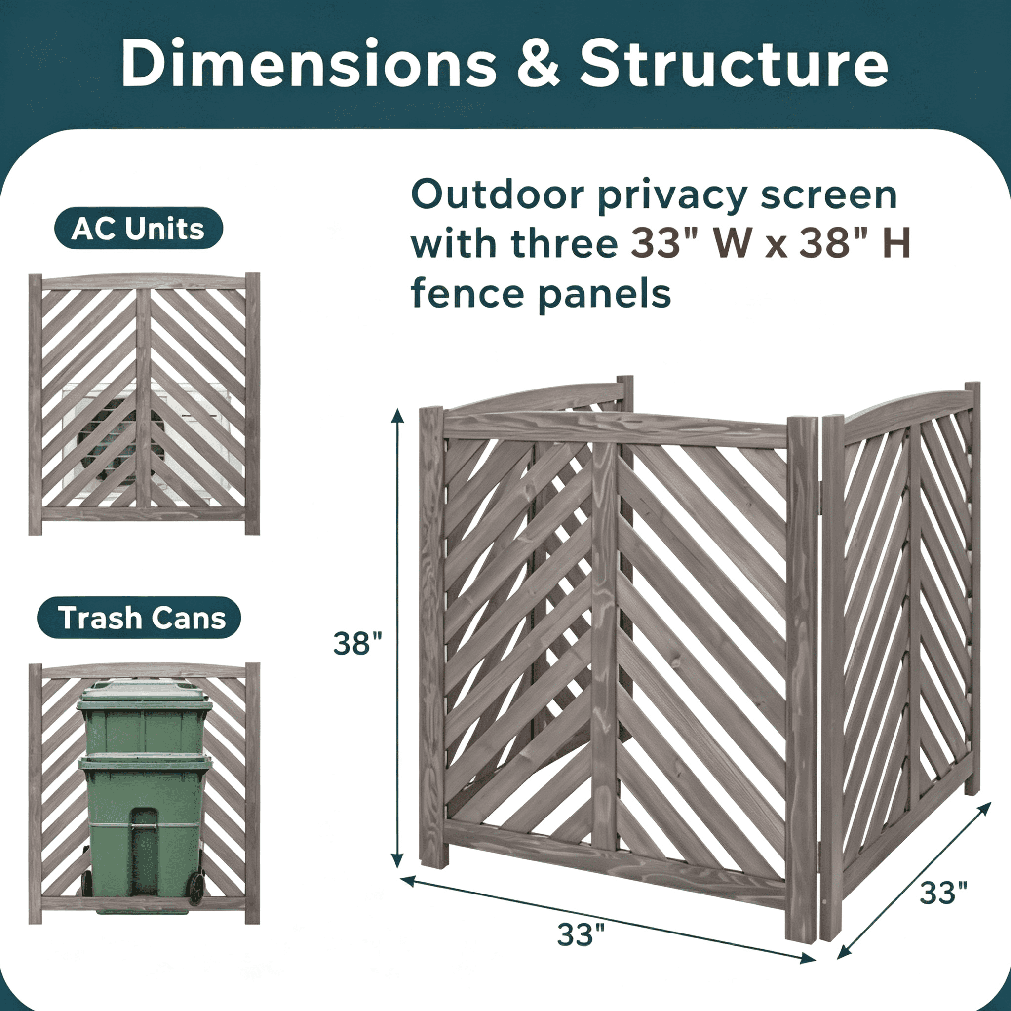 Cedar Wood Outdoor Privacy Screen, 3-Panel Freestanding, U-Shaped Design, AC Unit Cover