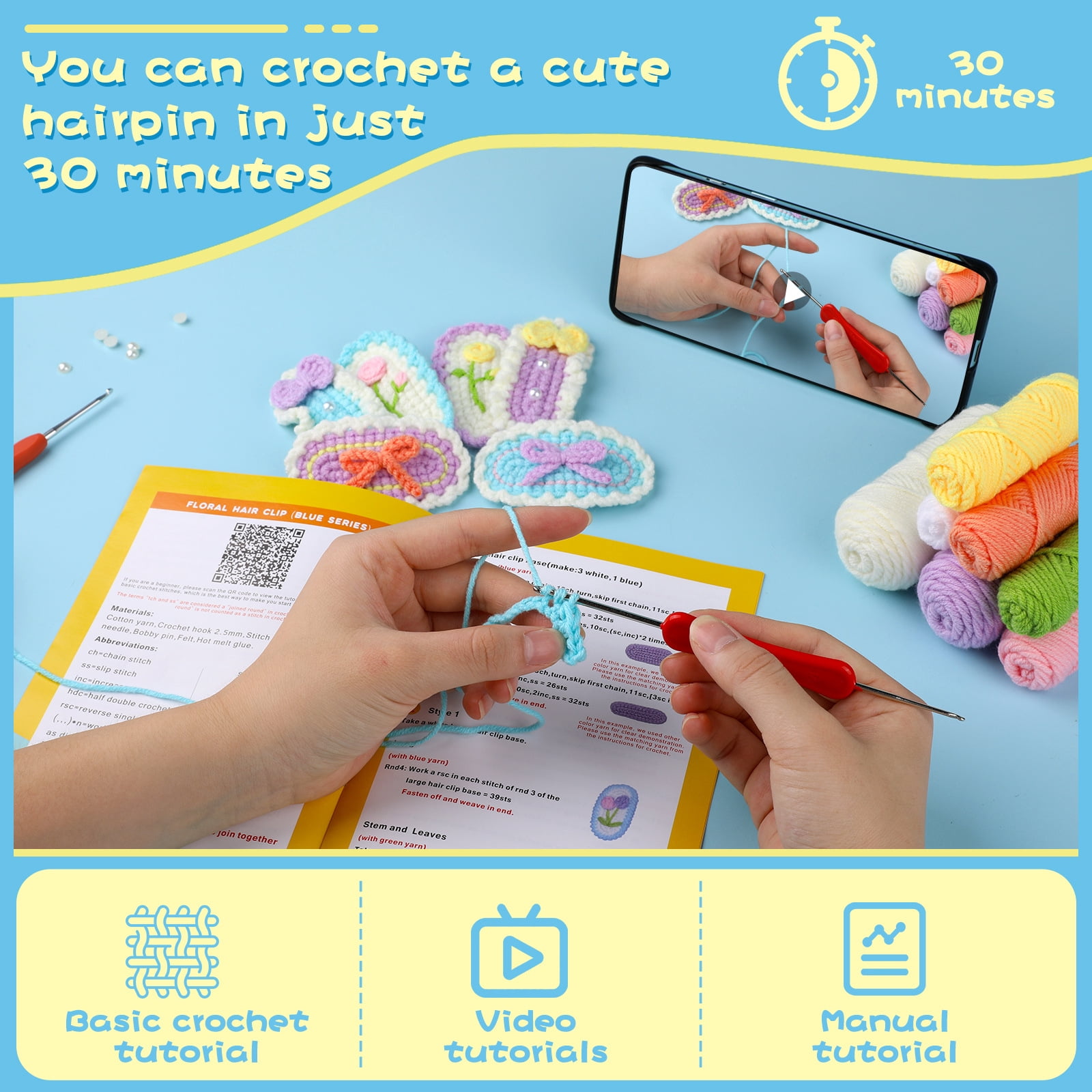 Crochet Material Kit Knitting Hairpin Yarn Crochet Tool Hair Accessories Crochet Wool Hair Clip Ornament Knitting Woo...