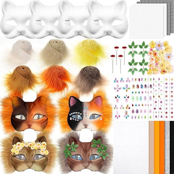 Therian Mask Craft Kit - 4 Blank Mask Material Kit with Felt, Fur & Pa for Creative Jungle Mesh Halloween, Cosplay