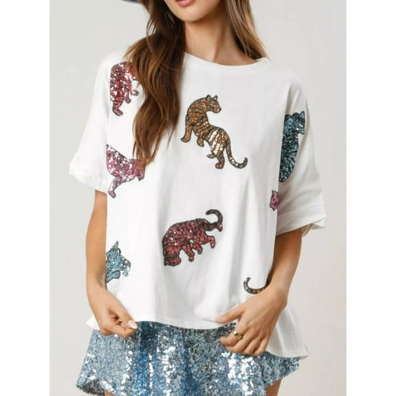 Sequin Tiger Round Neck T-Shirt