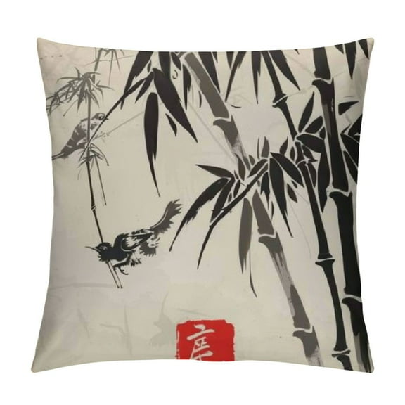 Creowell  Throw Pillow Cover Japanese Painting Asian Oriental Japan Birds Bamboo Pattern Fish Ink Style Decor Pillow Case Cushion for Sofa Couch Bed  White