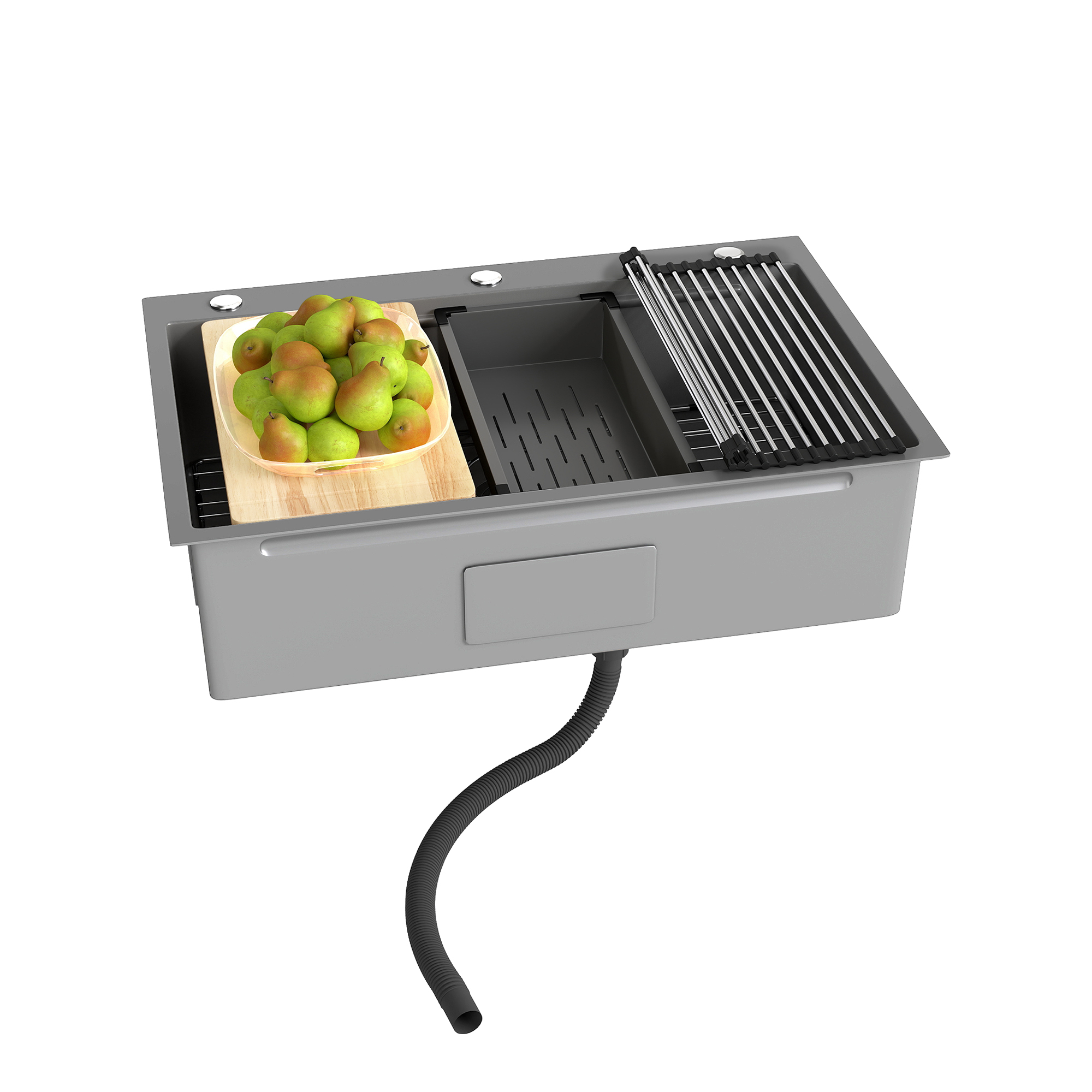 ModFusion 33″ Single Bowl Gunmetal Workstation Kitchen Sink, Drop-In Nano Stainless Steel, Drain Kit, 2.7'x1.8' ft Ledge Accessories, Wood Cutting Board, Gray