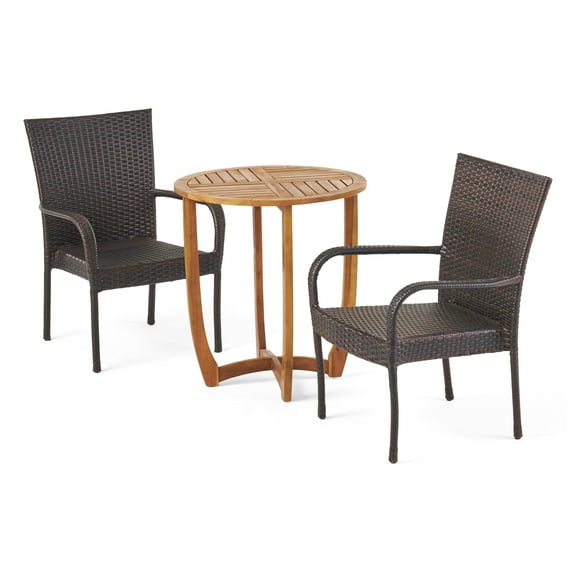 GDF Studio Danyella Outdoor Acacia Wood and Wicker 3 Piece Bistro Set, Teak and Multibrown