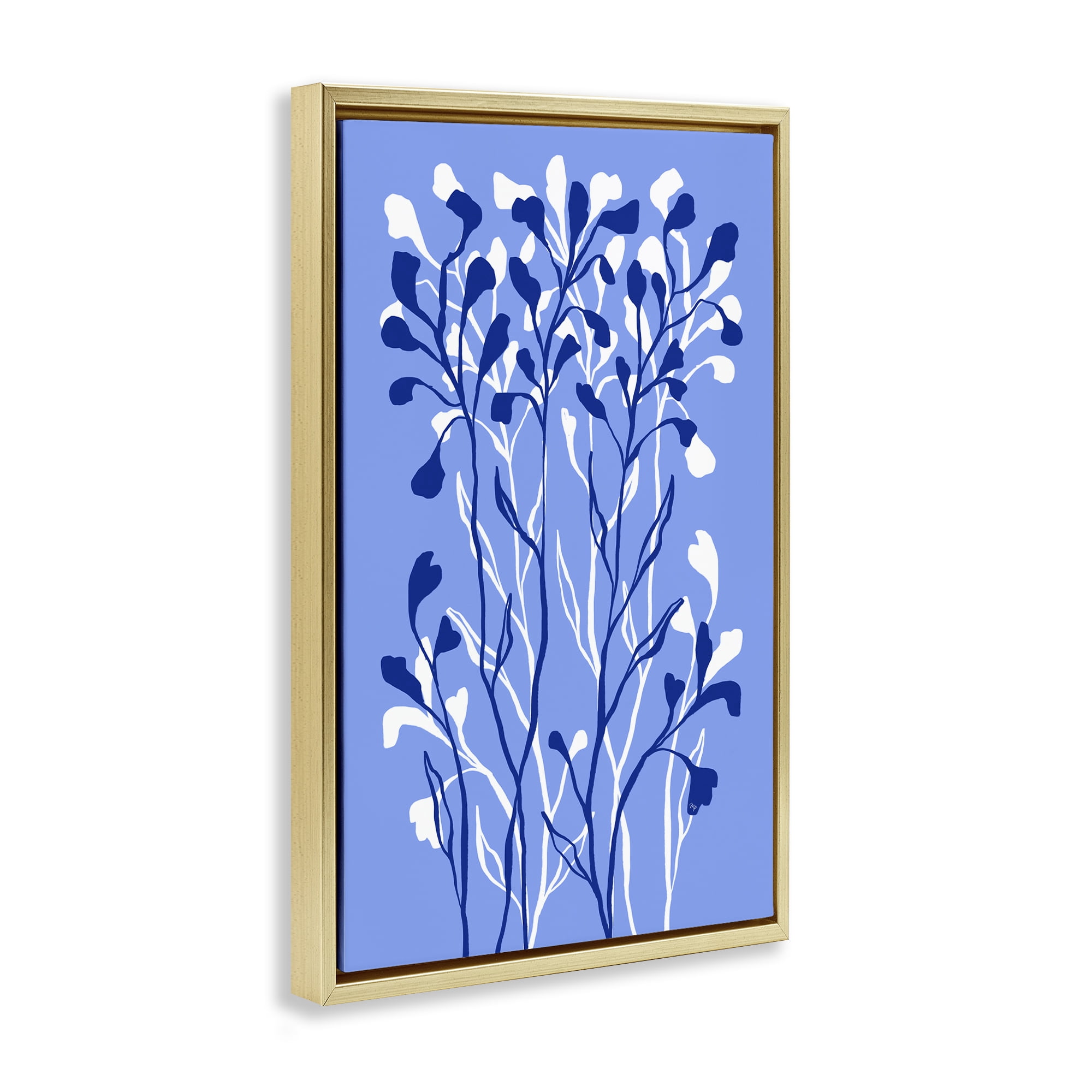 Stupell Industries Blue Intertwining Sprigs Plants & Flowers Painting Gold Floater Framed Canvas Art Print Wall Art, 21 x 31