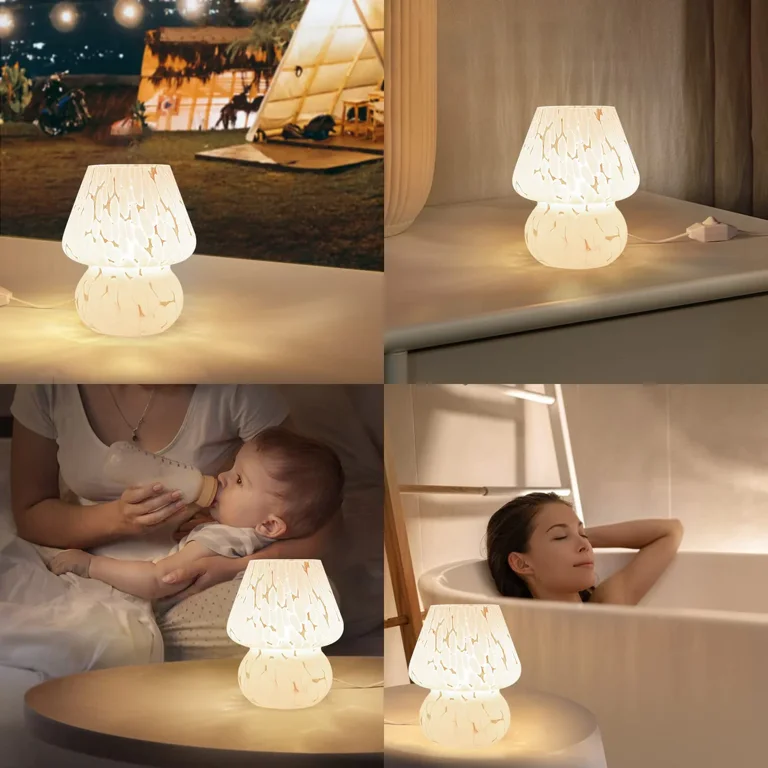 ONEWISH Mushroom Lamp Small Bedside Table Lamp-Nightstand Nightlight Dimmable Stepless, Translucent Glass White Desk Lamp for Bedroom Dorm Living