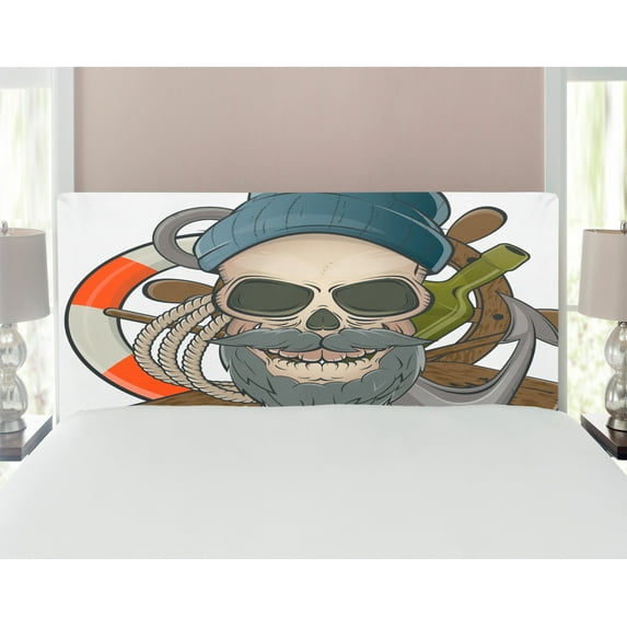 Skull Headboard, Illustration of Sailor Old Skull with Beard Mascot Nautical Theme Skeleton Life, Upholstered Decorative Metal Bed Headboard with Memory Foam, Full Size, Multicolor, by Ambesonne