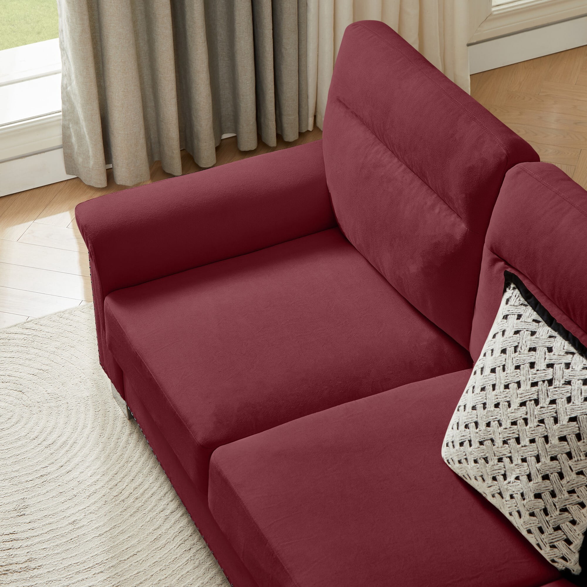 DEALTOPS 82" Modern Ice & Snow Velvet 3-Seater Sofa — Living Room Couch with Rolled Arms & Nailheads, Burgundy