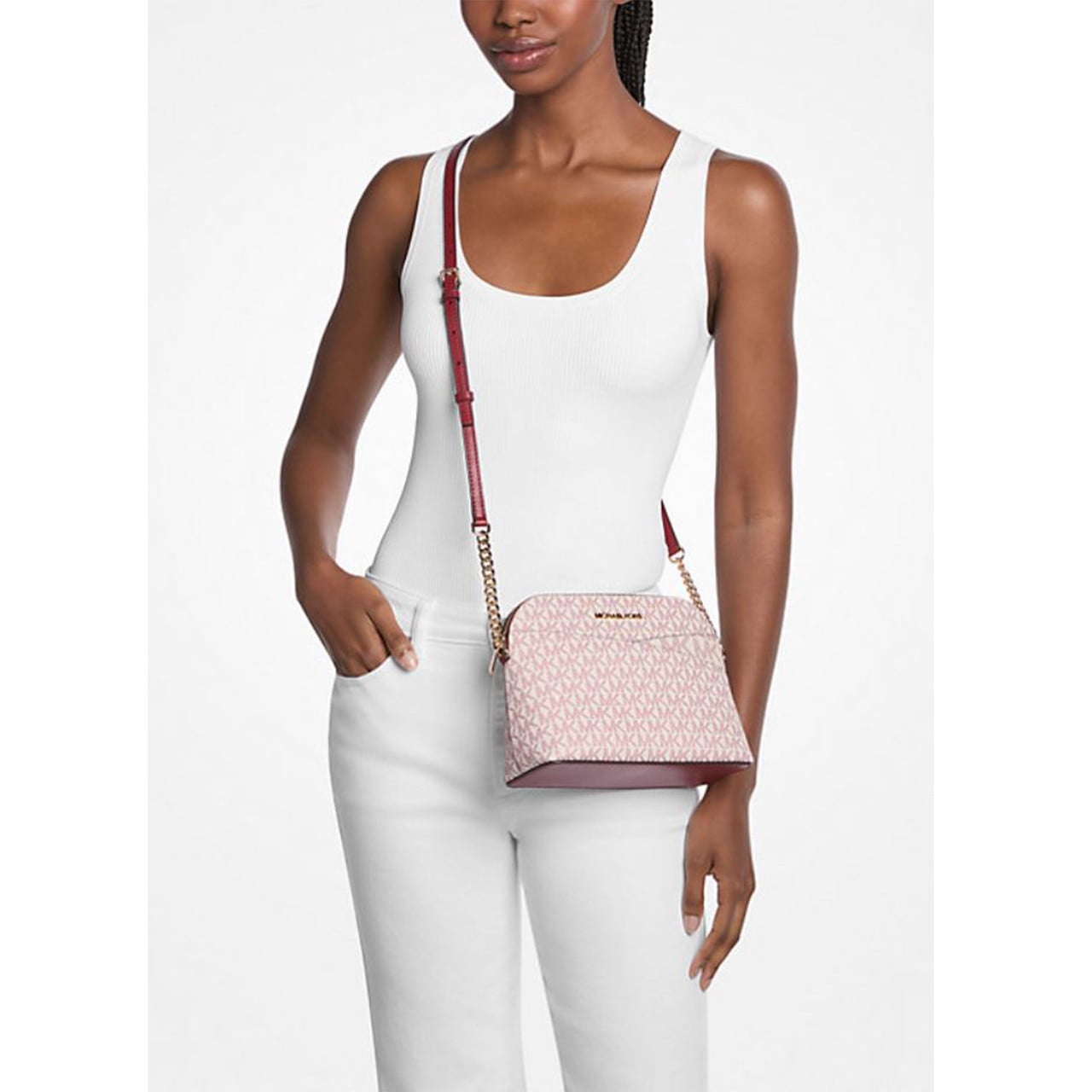 Michael Kors Women's Outlet Jet Set Travel Medium Signature Logo Dome Crossbody Bag 35F5GTVC8I-Cherr