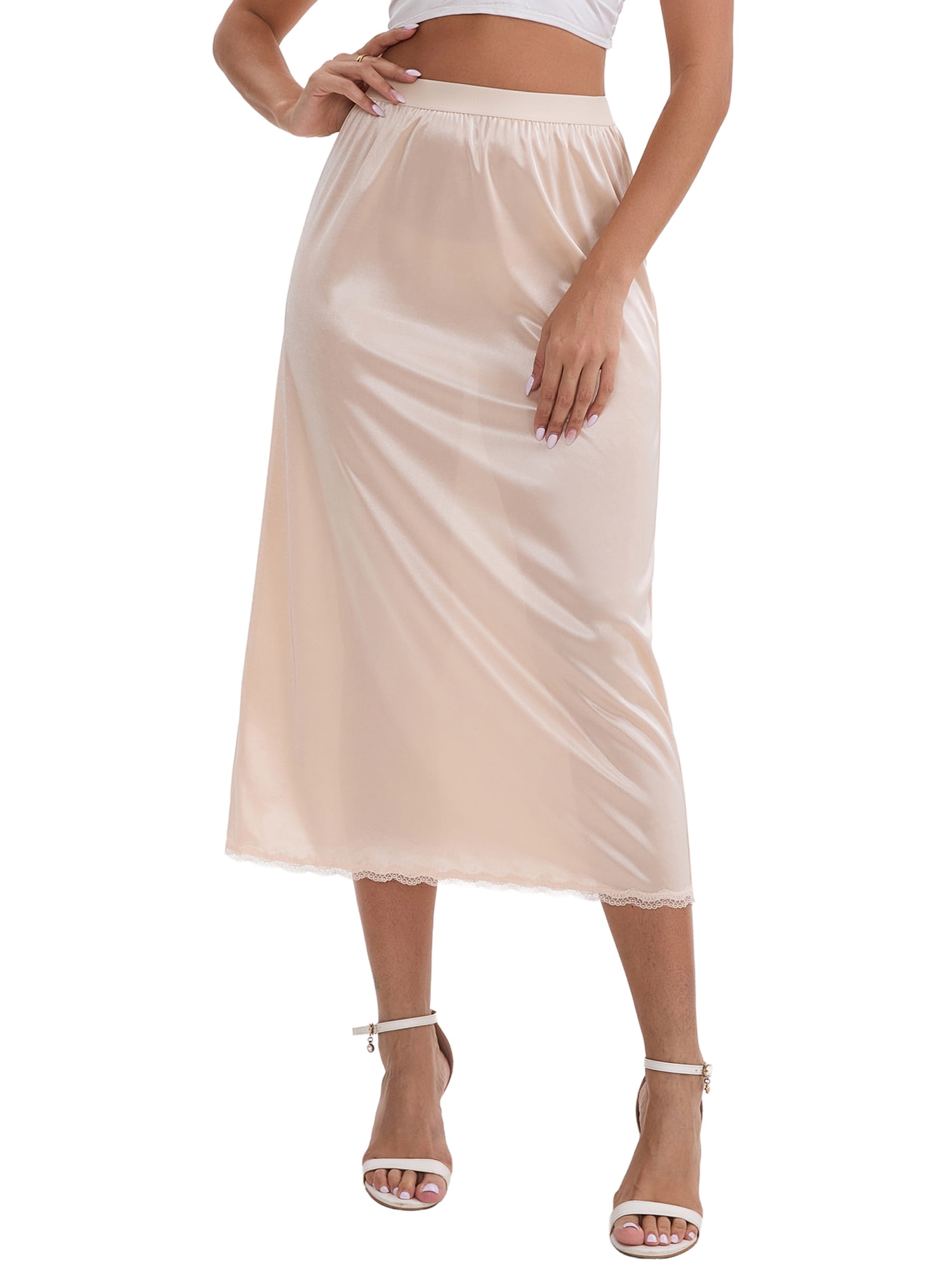 DARING DIVA Women's Satin Lace Trim Flared Hem Lightweight Maxi Half Slip 3XL Beige