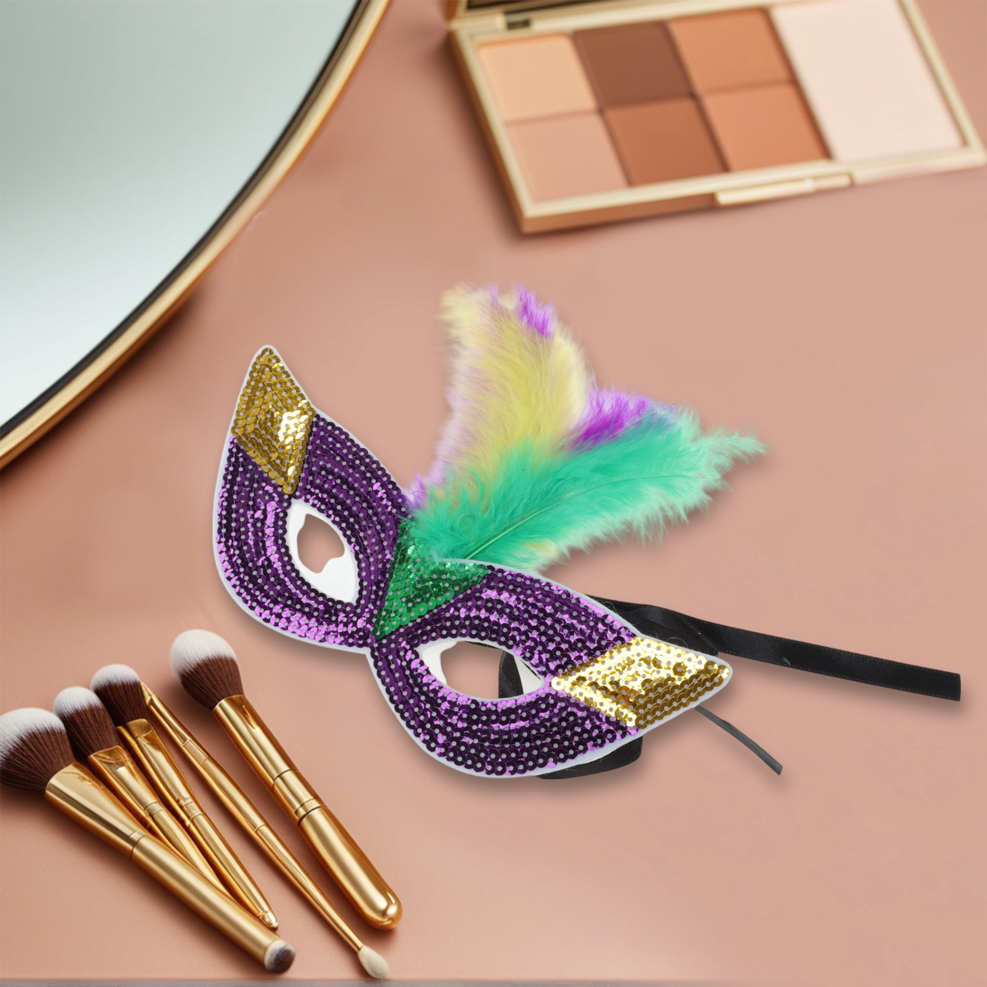 Unique Bargains Colorful Feather Sequins Half Face Party Mask Red Purple