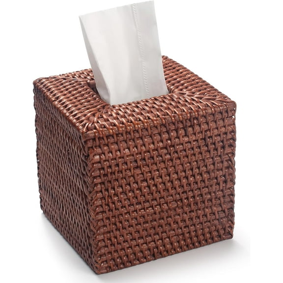 Square Rattan Tissue Box Cover, Hand Woven Wicker Tissue Holder, 5.5 x 5.5 X 5.7 inches, Honey Brown