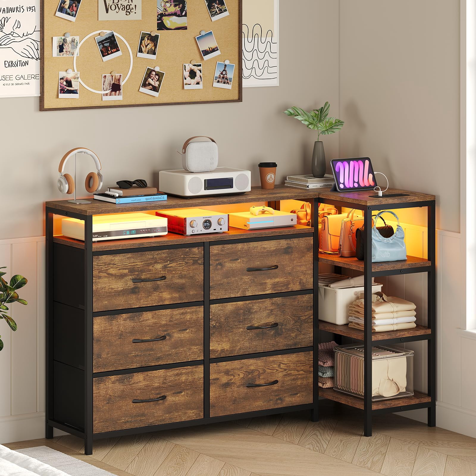 Afuhokles 6 Drawer Dressers for Bedroom with Charging Station and LED Light, 6 PU Drawers, 3 Open Shelves, Rustic Brown