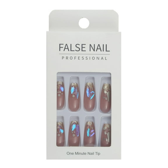 FCOGIN Long Coffin False Nail, Acrylic Nail, Press on Nail, Pink, Glitter, Rinestone, 24 Pieces
