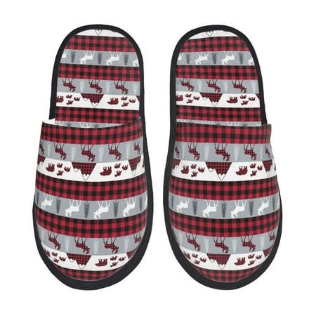 Balery Buffalo Plaid Forest Slient Indoor Furry Fleece Comfort House Shoes Soft Non-Slip Home Shoes Cotton slippers House Slippers-- Large
