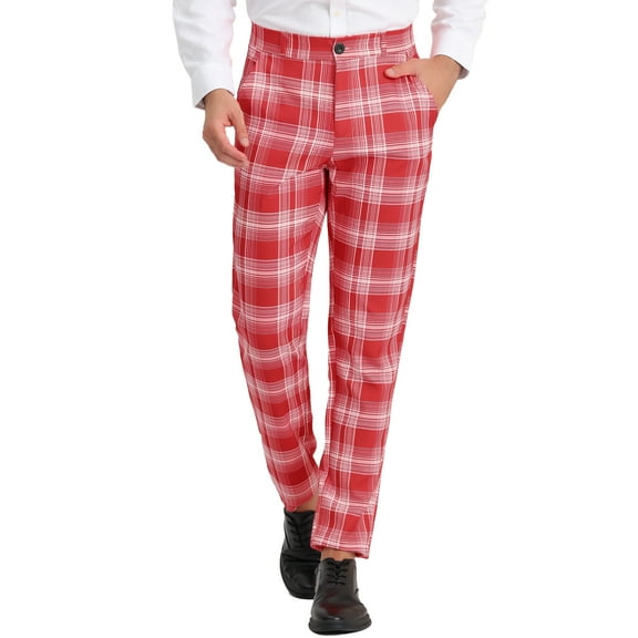 INSPIRE CHIC Men's Business Plaid Lightweight Regular Fit Flat Front Checked Pants 30 Red