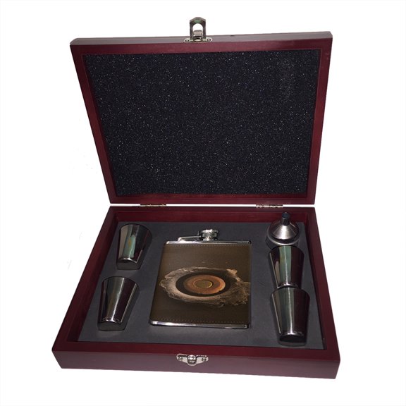 KuzmarK 6 oz. Leather Flask Set in Rose Wood Presentation Box -  Bullet Hole
