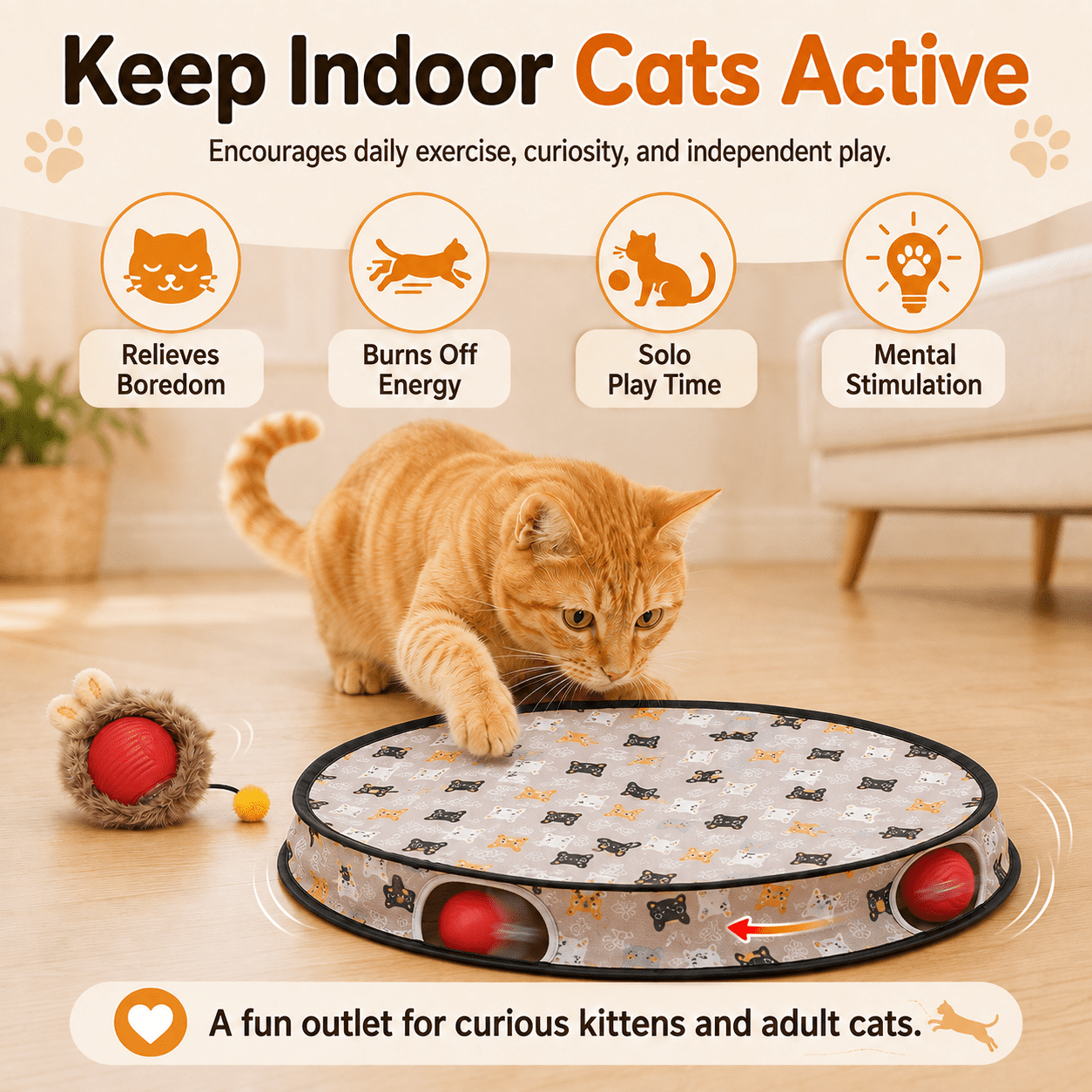 Meowball Mat, Interactive Cat Toy Fast Rolling Ball in Pouch Motion Activated Chirping for Indoor