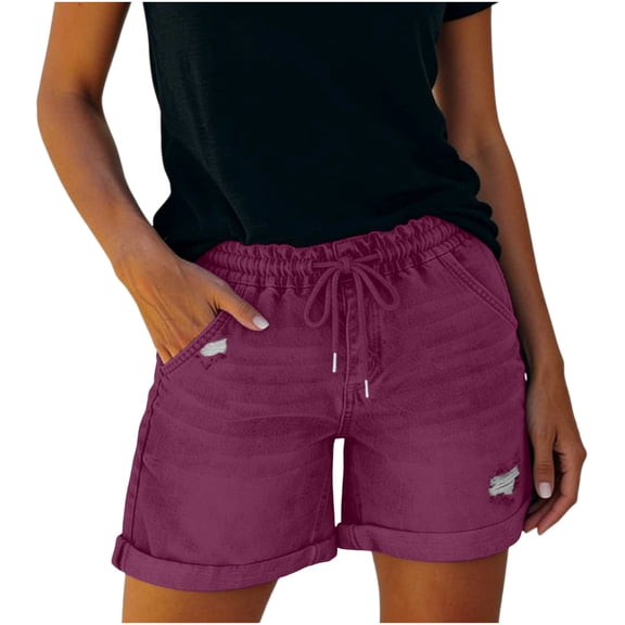 SBYOJLPB Women's Jeans Shorts Distressed Double Pocket with Drawstring Elastic Waist Denim Short Pants