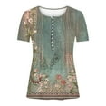 thumbnail image 4 of DDAPJ pyju Womens Floral Print Tunic Tops Short Sleeve Hide Belly Shirt Dressy Casual Henley Blouse Loose Flowy Pleated Tunics Army Green XL, 4 of 5